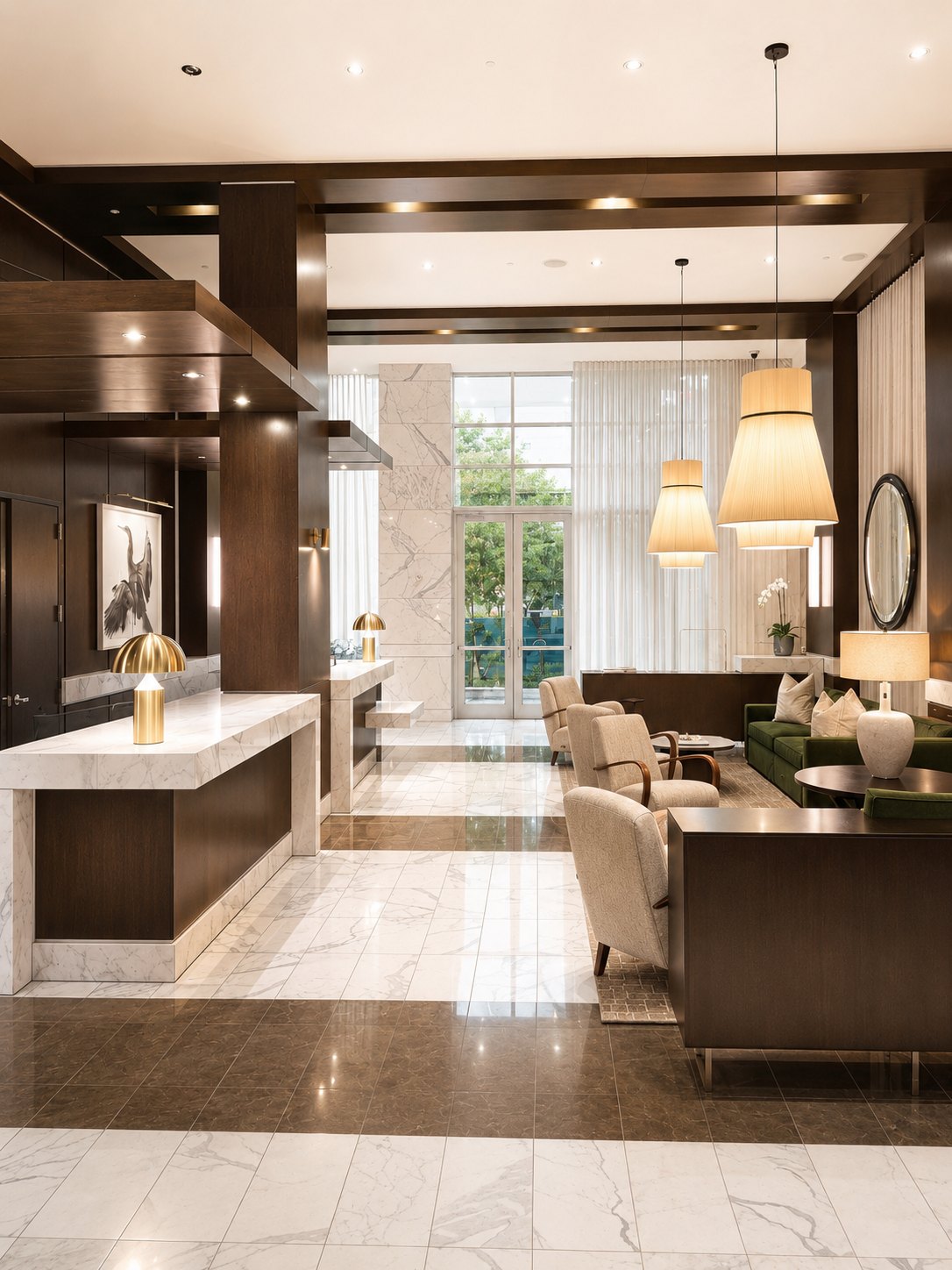 The Brookwood lobby with marble floors, dark walnut and the concierge desk
