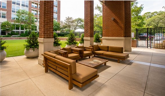 Covered terrace with teak seating beside the lawn