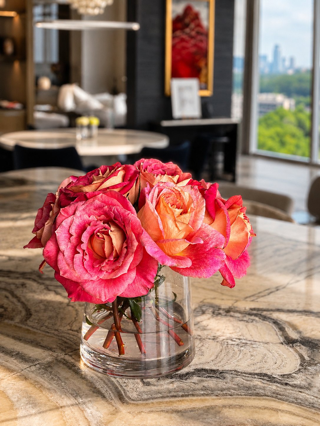 Roses on the onyx island, the skyline out of focus behind